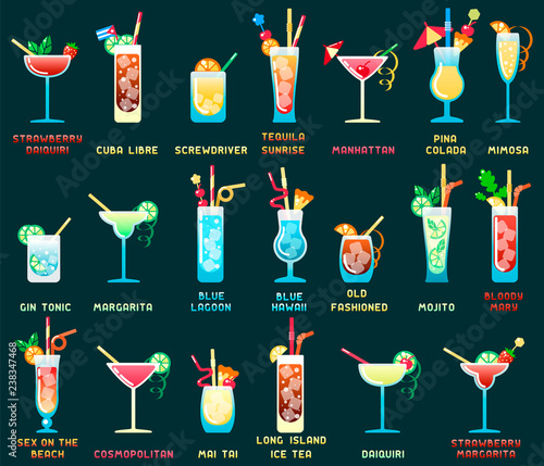 Set of alcohol cocktails different types with names. Flat style vector illustration. Suitable for bar menu design, advertising, applications or web