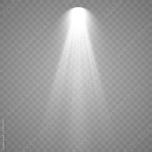 Spotlight. Rays of light isolated on transparent background. Sun flash. Vector illustration