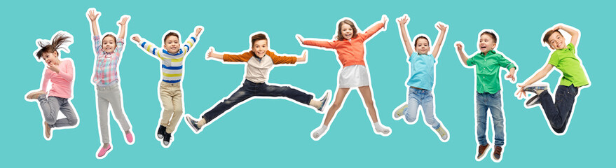 happiness, childhood, freedom, movement and people concept - magazine style collage of happy kids jumping in air over blue background