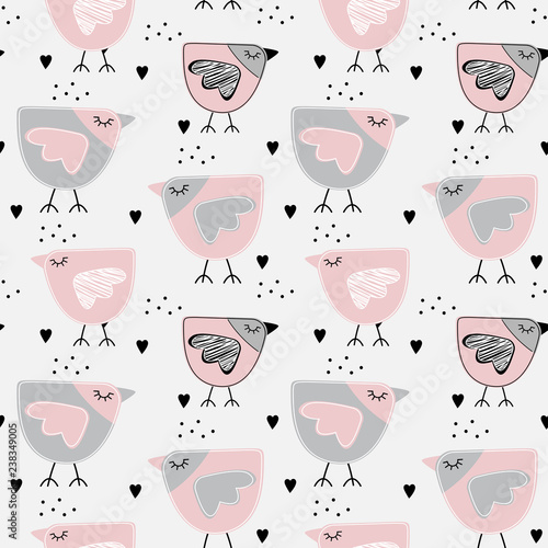 Seamless pattern with different birds on a gray background. Pink ciplate with hearts. Suitable for postcards, posters, printing on textiles, wallpapers. Vector illustration in the Scandinavian style.