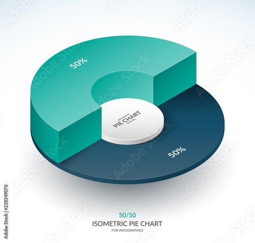 Infographic isometric pie chart circle. Share of 50 and 50 percent. Vector template.