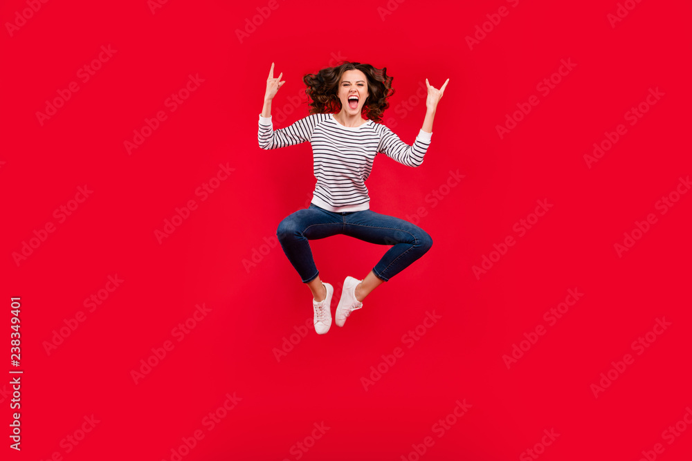 Full length size body photo of fly high attractive beautiful her girl on hard rock concert can not be silent and to calm down wearing white casual sweater on red vivid bright background Full length size body photo of fly high attractive beautiful her girl on hard rock concert can not be silent and to calm down wearing white casual sweater on red vivid bright background