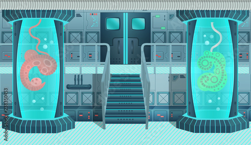 Background for games and mobile applications spaceship. Spaceship interior, laboratory. Cartoon vector illustration.