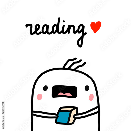 I love reading hand drawn illustration with cute marshmallow for prints posters banners t shirts cards notebooks journals articles with book
