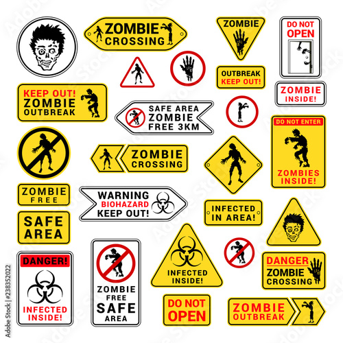 Zombie attention beware and caution sign set