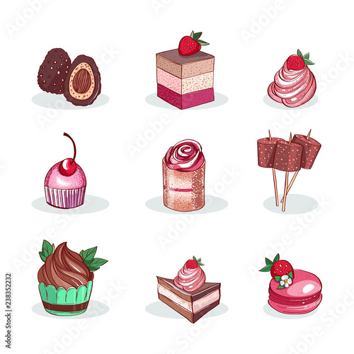 Set of delicious sweet desserts made of chocolate, strawberry and forest fruit. Glazed, stuffed and filled pastry in a confectionary or coffee shop cafe. Set of sweets.