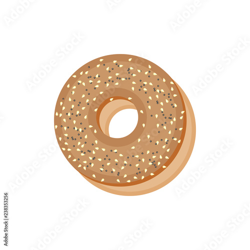 Bagel bun with sesame, flat icon. Tasty burger, hamburger, bagel. Element for Fast food menu, shop emblem, bakery logo. Isolated vector on white