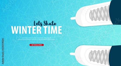 Banner with Ice skates. Figure skating. Texture of ice surface. Winter sports. Vector illustration background.
