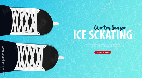 Banner with Ice skates. Figure skating. Texture of ice surface. Winter sports. Vector illustration background.
