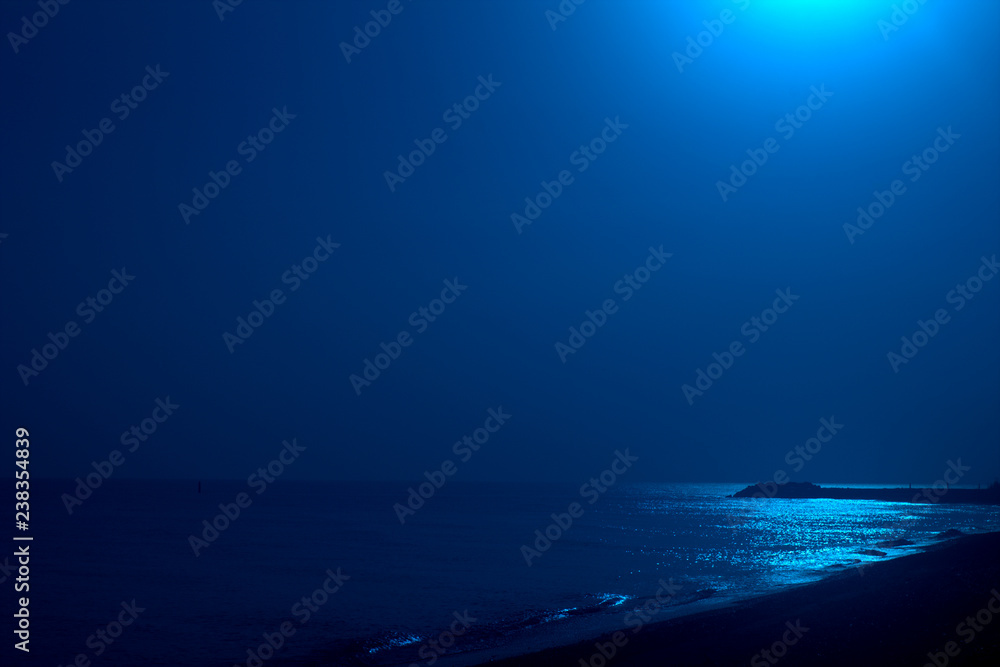 Fototapeta premium blue sea and moon,sky, water, blue, horizon, landscape, beautiful, beach, light,seascape, wave, coast, calm, 
