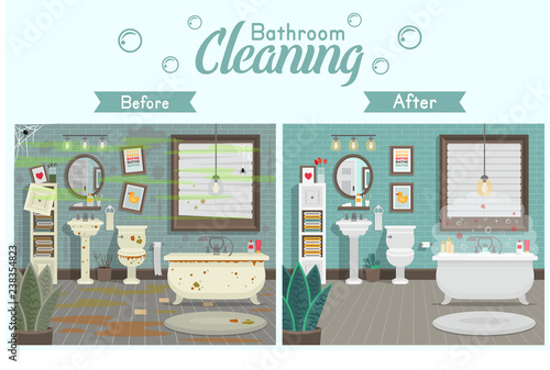 Clean and dirty bathroom with toilet sink bath and accessories in a modern style. A concept for cleaning companies. Before and After Cleaning. Flat vector illustration.