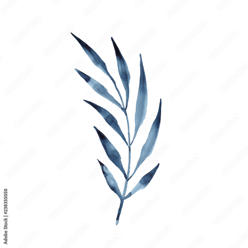 Indigo blue palm tree leaves botanical illustration