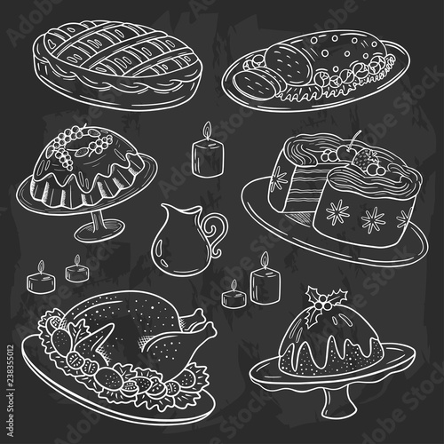 Christmas dinner menu, chalk drawing doodle style, blackboard background, white on black sketch, holiday dishes turkey, pudding, sweet pie, cake, muffin, roasted meat, sauce, for flyer, banner, etc.