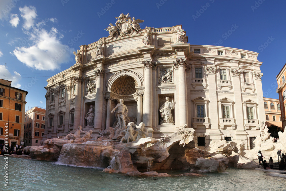 Wide angle view of the Trevi Fountain in Rome, Italy