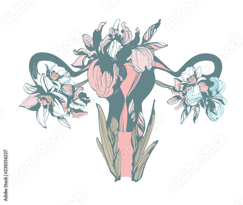 Vászonkép Woman blooming reproductive system uterus hand drawn floral pattern