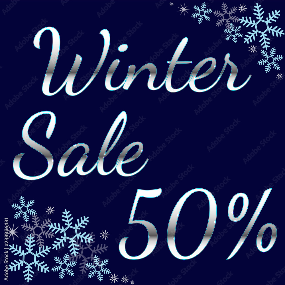 Elegant silver winter lettering design Winter sale 50% with shiny and bright snowflakes on blue background.