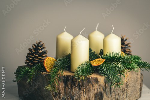 selfmade advent wreath on wood