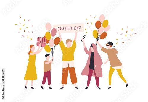 Happy young men and woman celebrating birthday. People rejoicing at surprise party. Joyful teenagers with gifts, balloons and congratulation banner. Colorful vector illustration in trendy flat style.