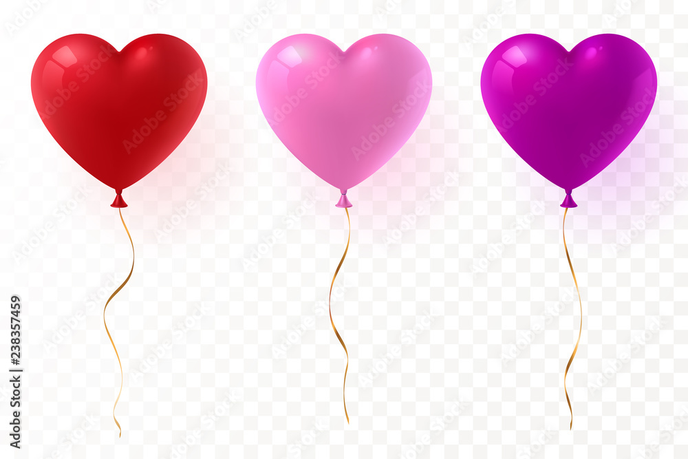 Vector heart shaped balloons set isolated on transparent background