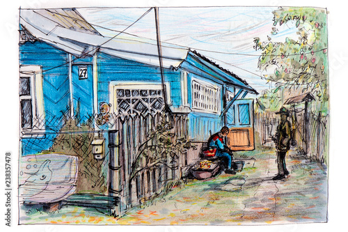 Рисунок сделанный скетч фломастером.Разговор двух мужчин во дворе своего деревенского дома.