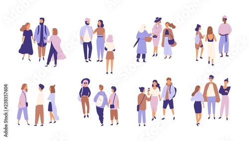 Collection of people talking or chattering to each other. Bundle of groups of men and women having conversation or dialog. Friendly communication. Colored vector illustration in flat cartoon style.