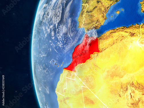 Morocco from space on model of planet Earth with country borders and very detailed planet surface and clouds.