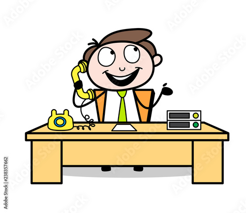 Cute Cartoon Professional Businessman talking over phone in office desk