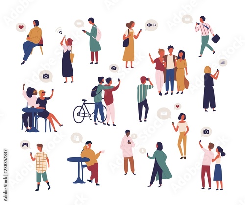 Bundle of people checking social media  taking selfie  trying to catch wifi signal with smartphone. Collection of men and women surfing internet on mobile phone. Flat cartoon vector illustration.