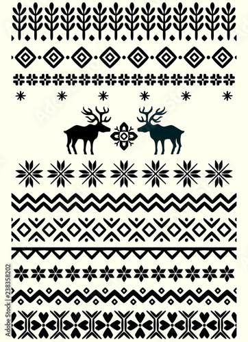 Vector ugly sweater seamless borders with norway ornament. Pattern brushes collection