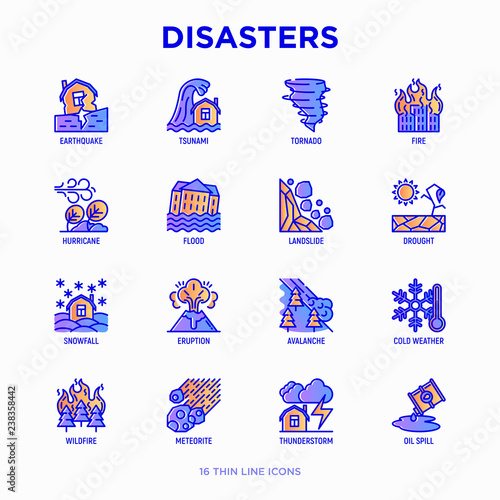 Disasters thin line icons set: earthquake, tsunami, tornado, hurricane, flood, landslide, drought, snowfall, eruption, thunderstorm, avalanche, meteorite, wildfire. Modern vector illustration.