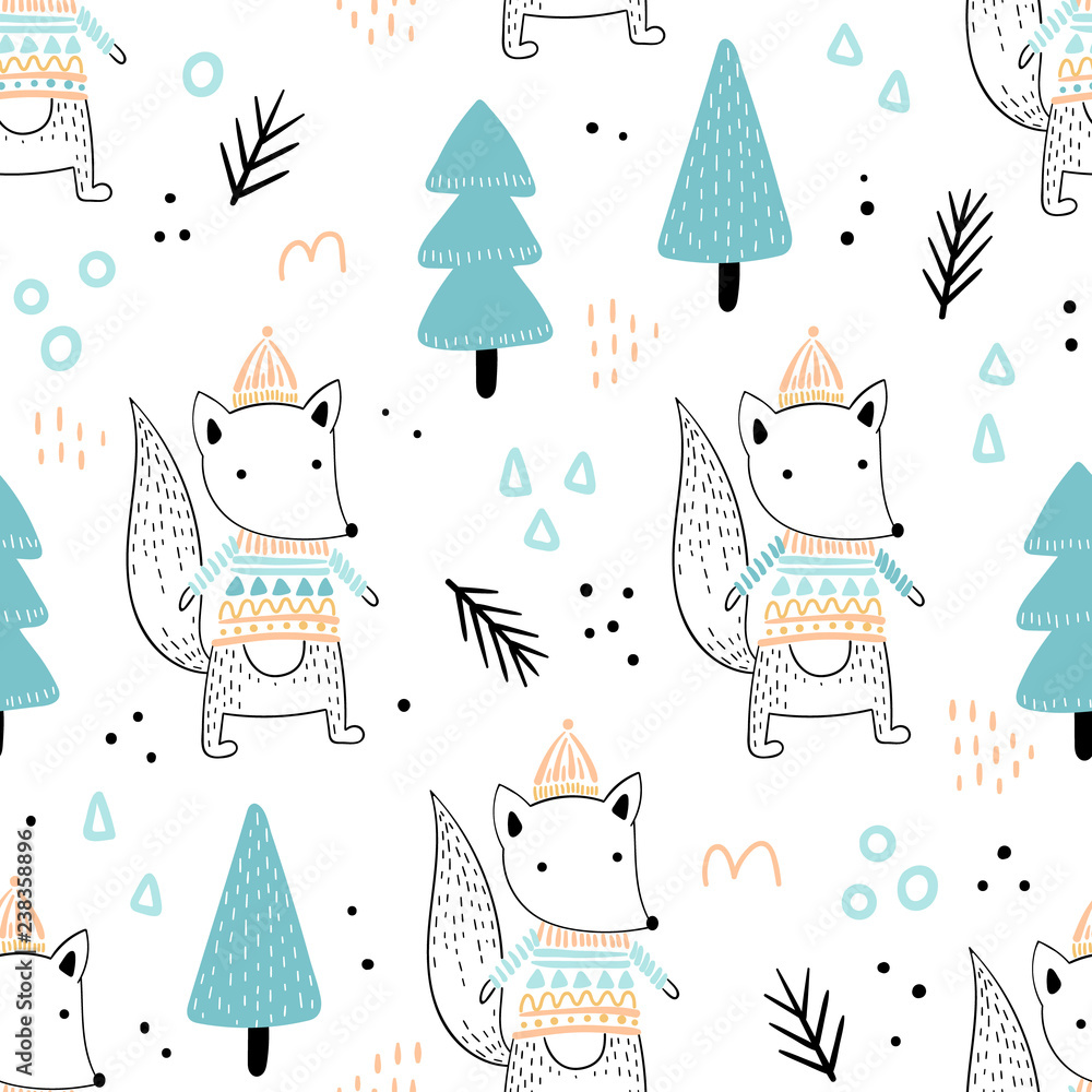 Seamless pattern with cute foxes