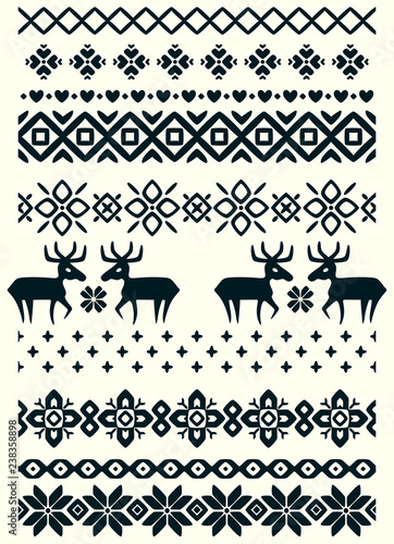 Vector ugly sweater seamless borders with norway ornament. Pattern brushes collection