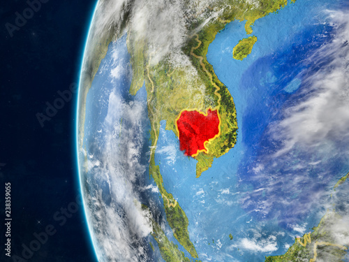 Cambodia from space on model of planet Earth with country borders and very detailed planet surface and clouds.