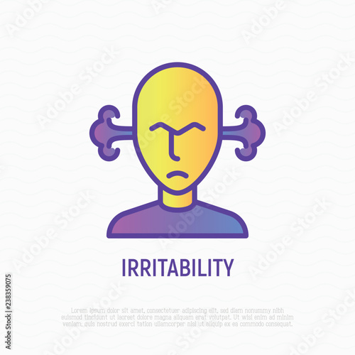 Irritability thin line icon: man is angry and steam is coming out from his ears. Modern vector illustration of annoyed person.