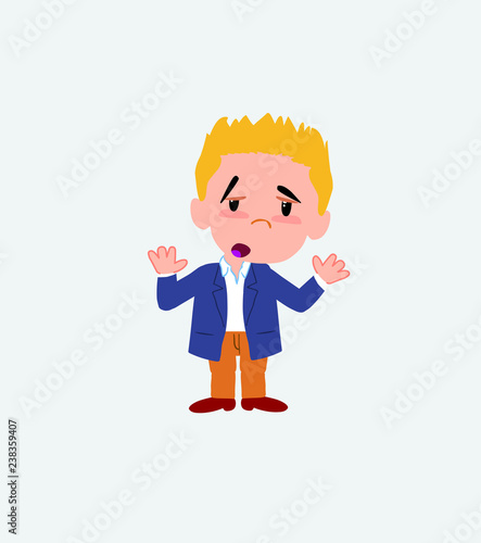 Businessman in casual style makes a gesture of tired resignation.