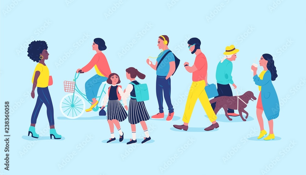 People or passersby on street. Men, women and children passing by, walking, riding bike, listen to music. Modern city dwellers, urban lifestyle. Colored vector illustration in flat cartoon style. People or passersby on street. Men, women and children passing by, walking, riding bike, listen to music. Modern city dwellers, urban lifestyle. Colored vector illustration in flat cartoon style.