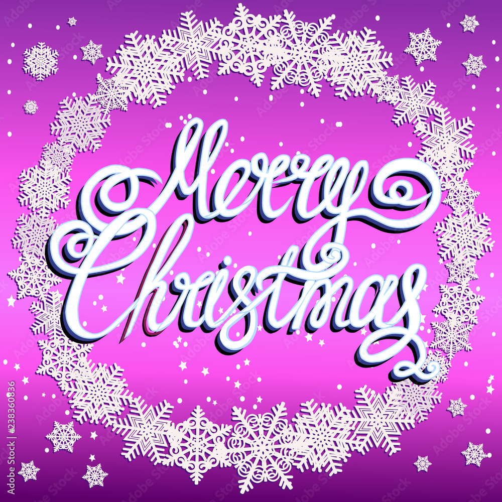 Brightly Christmas Background. Holiday Merry Christmas background. Illustration with lettering design and snowflakes.