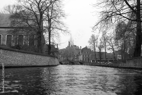 BRUGES BELGIUM ON NOVEMBER 25, 2018: The love pond, Fairy tale landscape with swans resting - Bruges cityscape panorama, old town facades, medieval gothic and baroque city in Belgium