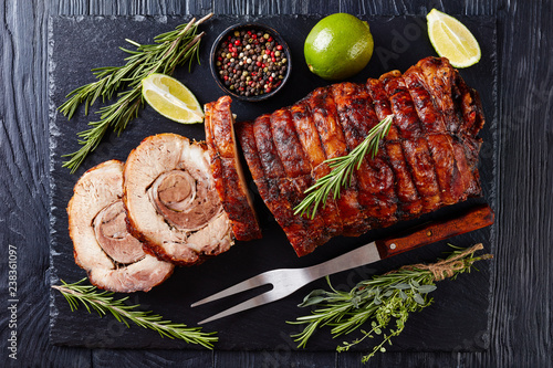overhead view of sliced roast pork photo