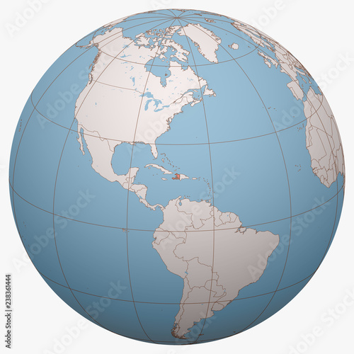 Haiti on the globe. Earth hemisphere centered at the location of the Republic of Haiti. Hayti map.