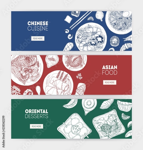 Bundle of monochrome horizontal web banners with Asian cuisine meals lying on plates hand drawn with contour lines on colored background. Realistic vector illustration for restaurant promotion.