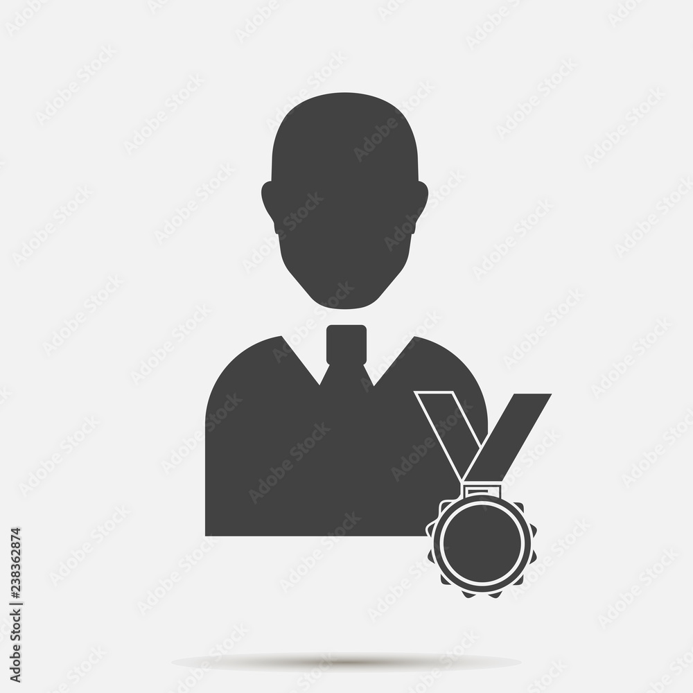 Vector icon Certified person. Image of man and medal. Symbol reward, achievements. Layers grouped for easy editing illustration. For your design. Vector icon Certified person. Image of man and medal. Symbol reward, achievements. Layers grouped for easy editing illustration. For your design.