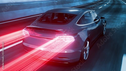 Modern Electric car rides through tunnel with cold blue light style