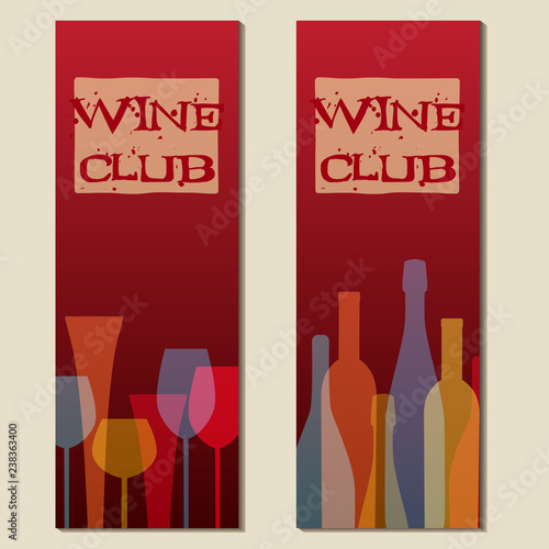 Wine club vector labels with various glasses and bottles