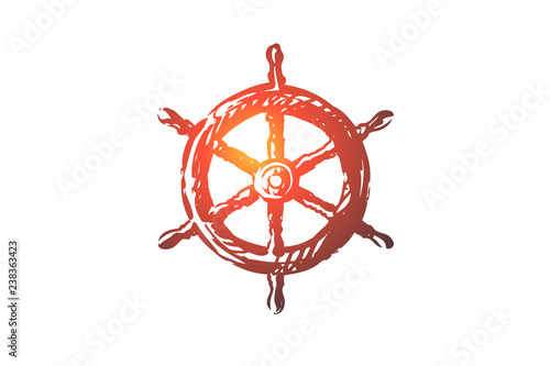 Steering, wheel, ship, nautical, sea concept. Hand drawn isolated vector.