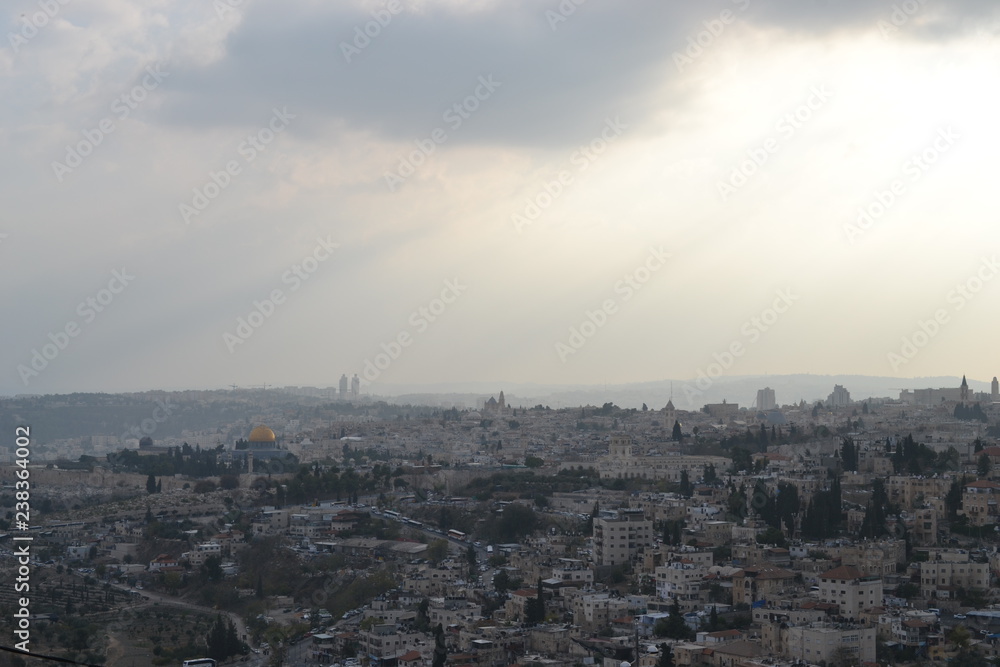 A view of old city of Jerusalem, the Temple Mount and Al-Aqsa Mosque from Mt. Scopus in Jerusalem, Israel, har hazofim