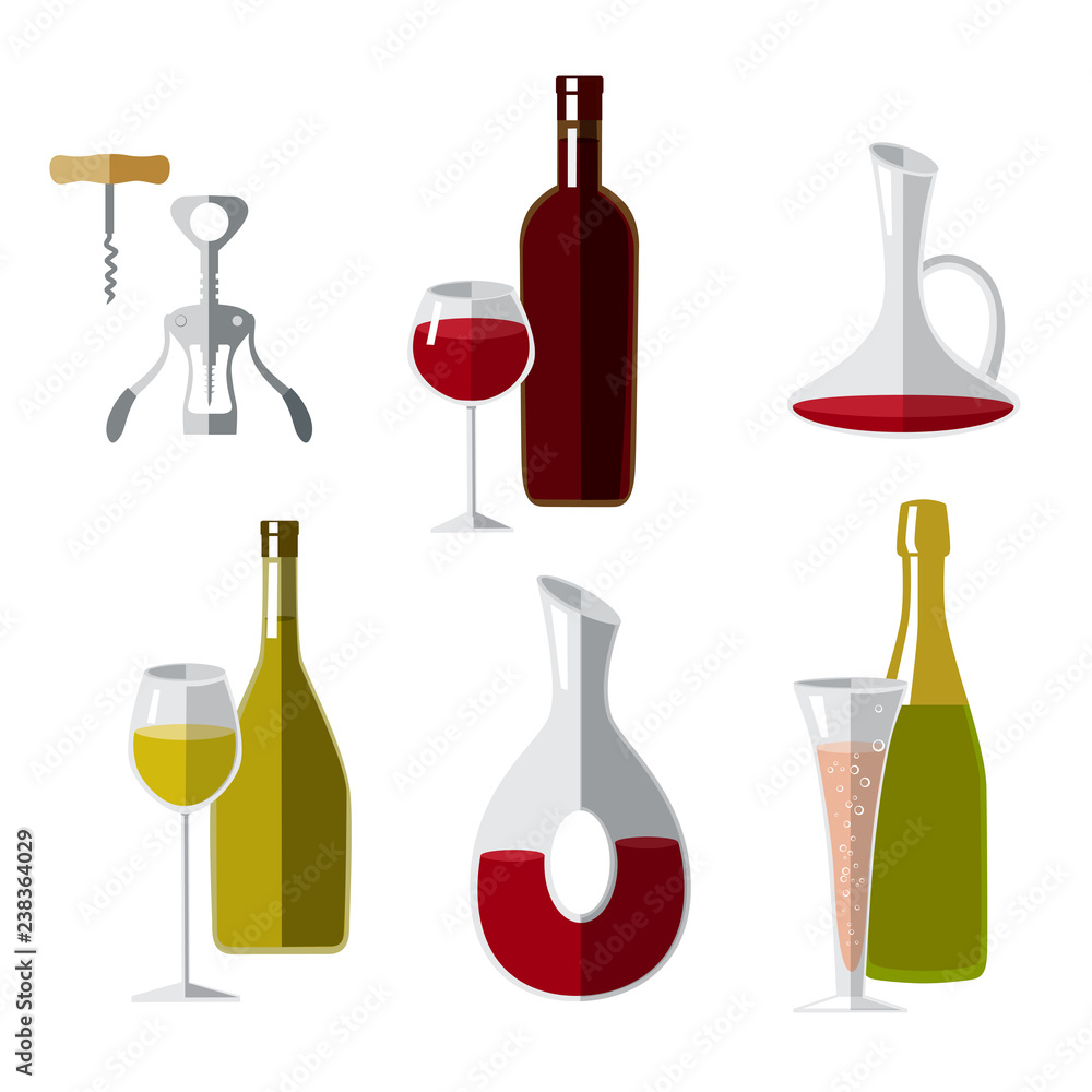 Wine drinking vector set with glasses, bottles and cork screws Wine drinking vector set with glasses, bottles and cork screws