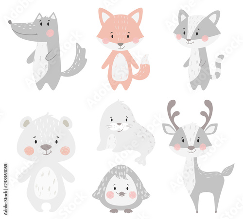Reindeer, raccoon, seal, wolf, penguin, bear, fox baby winter set. Cute animal illustration