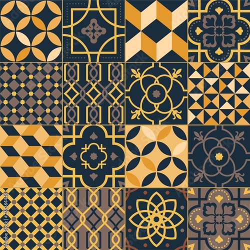 Set of square ceramic tiles with elegant traditional oriental patterns. Bundle of decorative ornaments, ornamental weaving textures in yellow and black colors. Vector illustration in flat style.