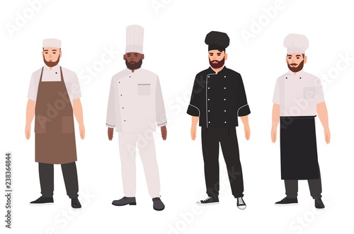 Collection of chefs, qualified cooks, professional restaurant staff or kitchen workers wearing uniform and toque. Set of male cartoon characters isolated on white background. Flat vector illustration.